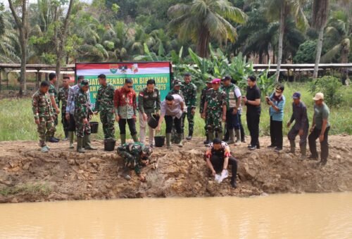 Membangun Ketahanan Pangan, Satgas TMMD ke-129 Kodim 0412/LU Tebar Ribuan Bibit Ikan di Desa Baru Raharja