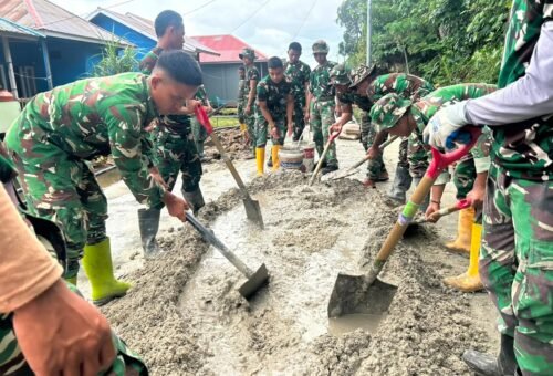 Gotong Royong Satgas TMMD dan Warga Percepat Pembangunan Rabat Beton di Desa Polewali